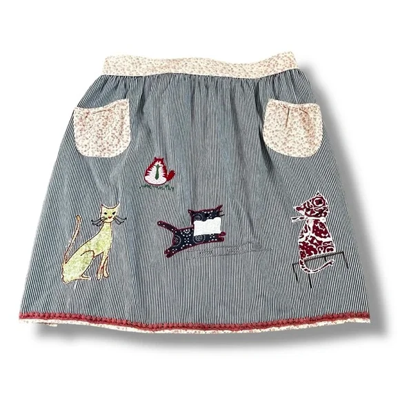 Sur La Table Apron Applique Cats Striped & Floral Print 100% Cotton Kitchen
