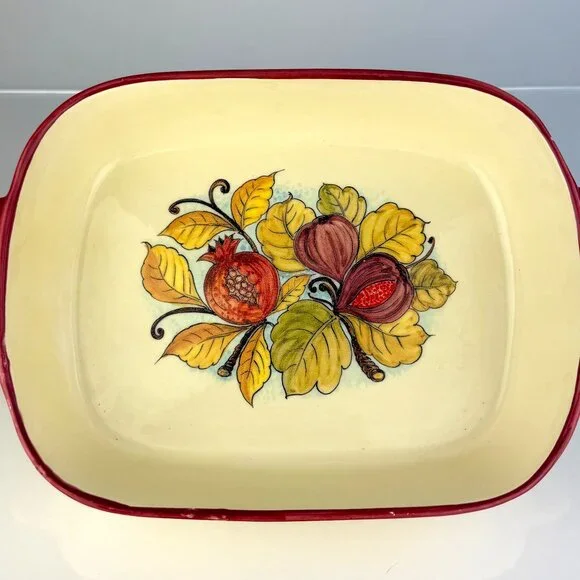 Sur La Table 2000s Italian Fruit Casserole Dish, Figs & Pomegranate Leaves