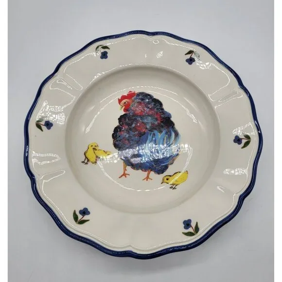 Sur La Table x Jacques Pépin Large Rim Soup Bowl Blue Chickens Rooster Farm
