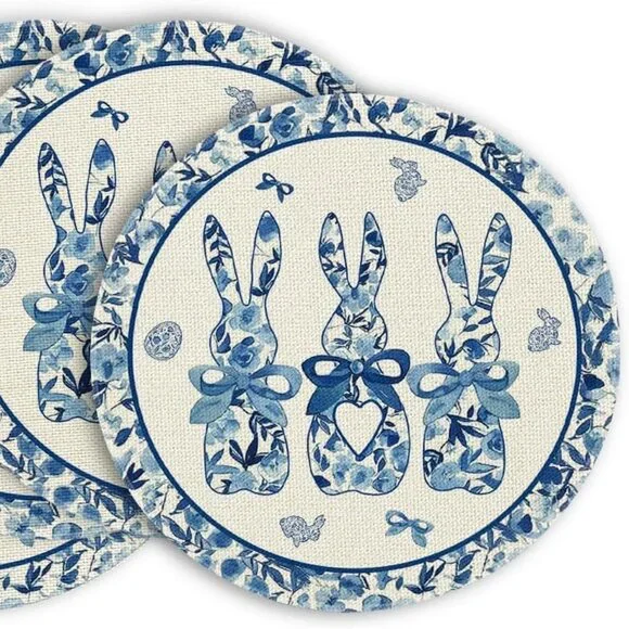 Set‎ of 4 Round Bunny Rabbit Placemats Blue and White