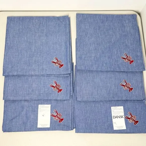 New Set of 6 Dansk Denim Lobster Embroidered Cloth Napkins