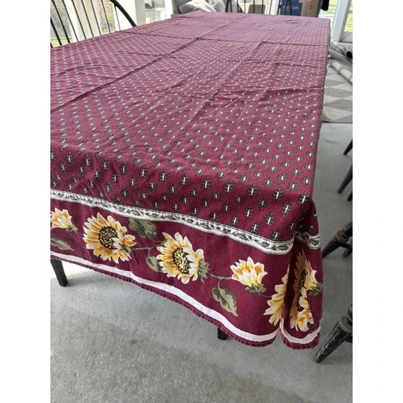 VTG Country Farmhouse Sunflower Border Tablecloth 59x104‎ Rectangle Red Yellow