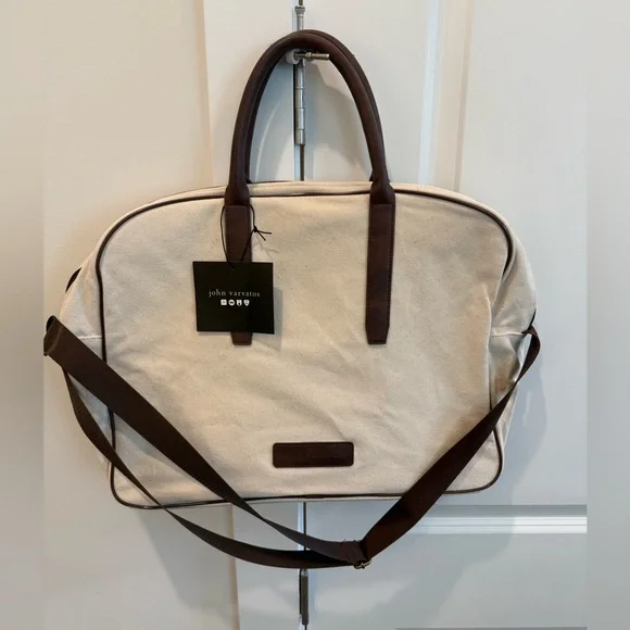 NEW John Varvatos Canvas Crossbody Messenger Travel Bag Duffle Cream Brown