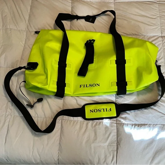 Filson Neon Yellow Waterproof Duffel with Black Straps