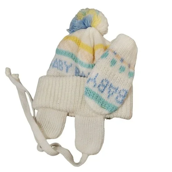 NWOT Vintage 80s Baby Stocking Hat Pom Mittens‎ Knit White Pastel Acrylic