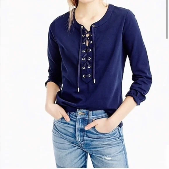 J.Crew Navy Lace Up Top XS 100%‎ Cotton 3/4 Sleeve Casual Blouse