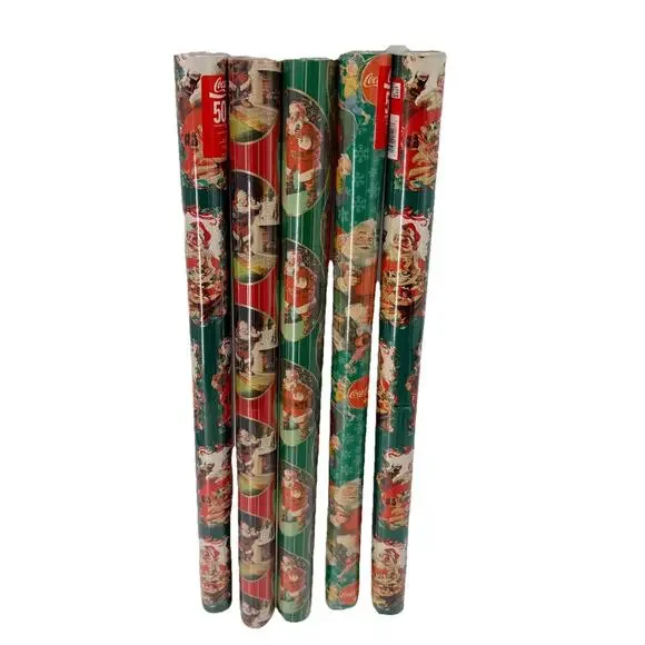 Lot of 5 Rolls Vintage Coca-Cola Christmas Wrapping Paper NEW SEALED