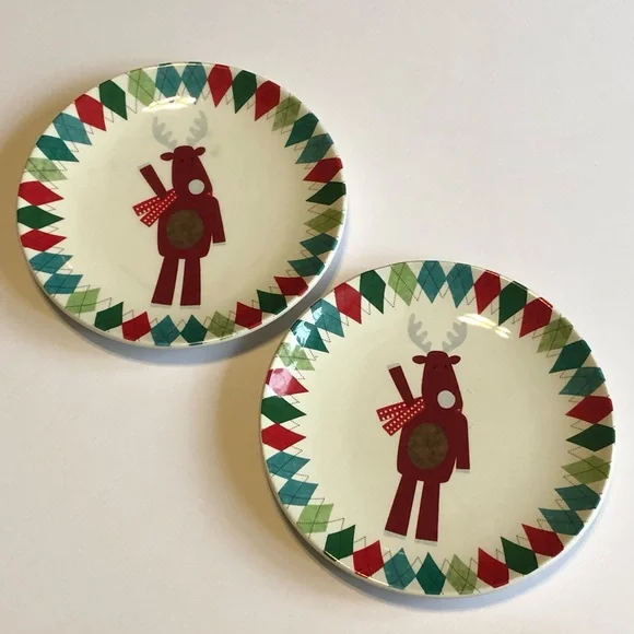 Sur La Table Set of 2 Reindeer Christmas Cocktail Plates
