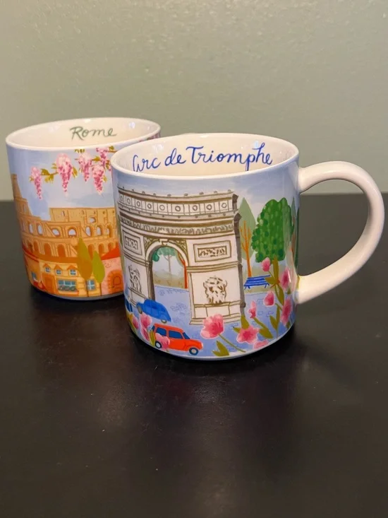 2 Sur La Table Mugs ~ Arc de Triomphe ~ Paris, France & Colosseum ~ Rome, Italy
