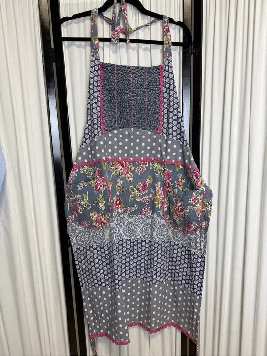 Sur La Table Navy and White Polka Dot Apron with Floral Trim