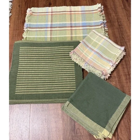 Set of 6 Cloth Placemats & Napkins X 2 Autumn Pastel Plaid And Green