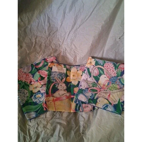 Vintage EASTER Bunny Fabric Napkins 17” Square Tulips Eggs Pastel Set of 3