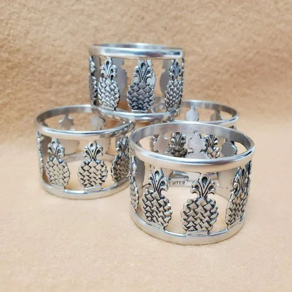 Patriot Pewter Napkin Rings, Set of 4 Pineapple Napkin Holders, Vintage Ginkgo