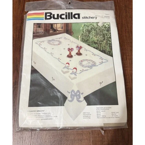 Bucilla Vintage Embroidery Country Wreath Set of 4 Napkins New