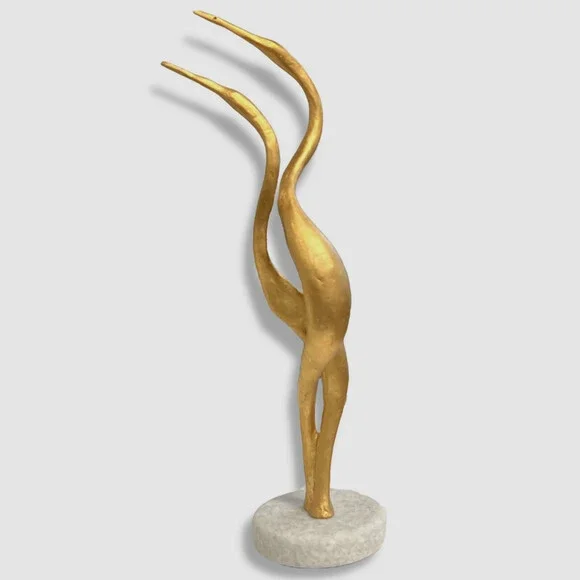 $275 Global Views Gold Leaf 2 Cranes Marble Stand Décor Figurine Sculpture