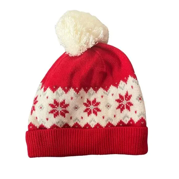 Janie And Jack Red Snowflake Beanie With Pom Pom Size 3 - 6 M