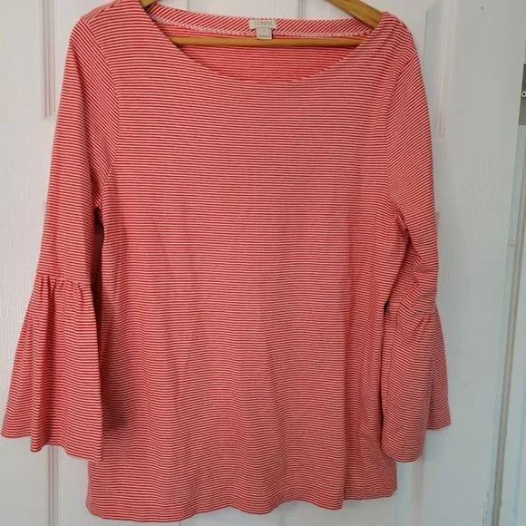 J. Crew red striped‎ cotton top with flared sleeves NWOT