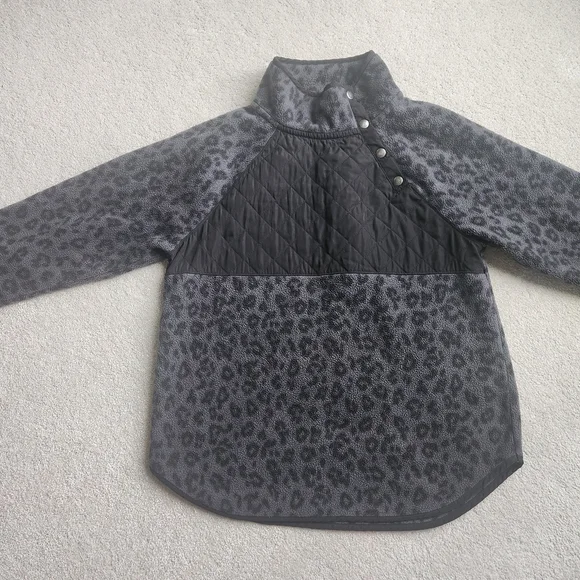 J. Crew Black and Gray Leopard Fleece Snap Pullover Size Medium