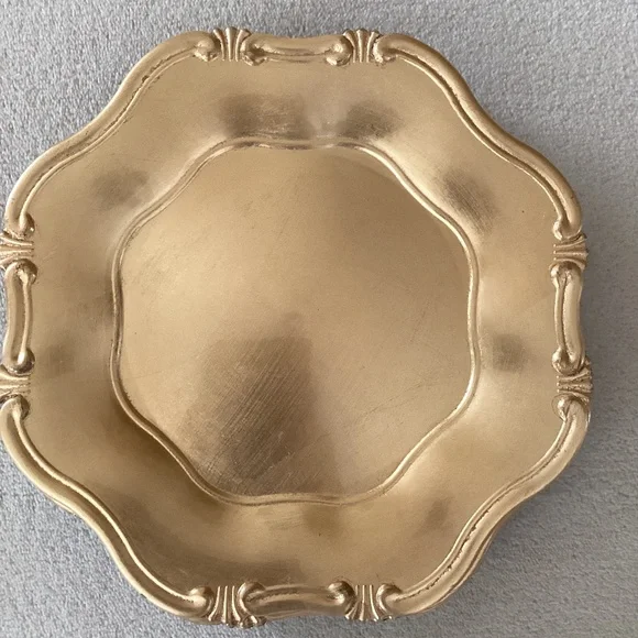 NWOT. Set of 6 Gold Baroque Melamine Chargers. Sur La Table.