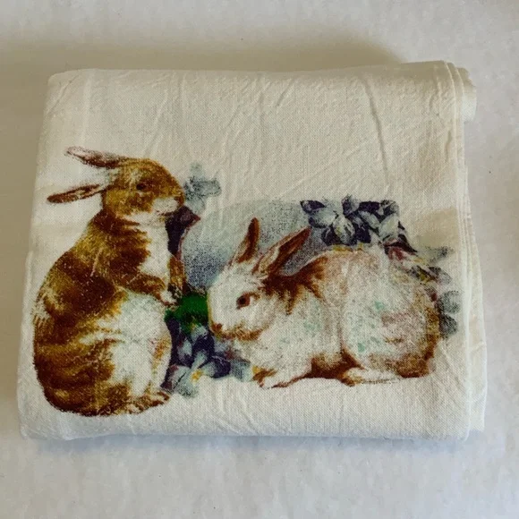 Sur La Table Cream Flower Sack Dish/Hand Towel with Bunny Print