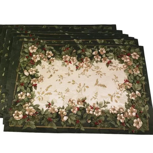 Kemp & Beatley Splendor Fabric Placemats Holiday Floral Design Reversible 6 Pack