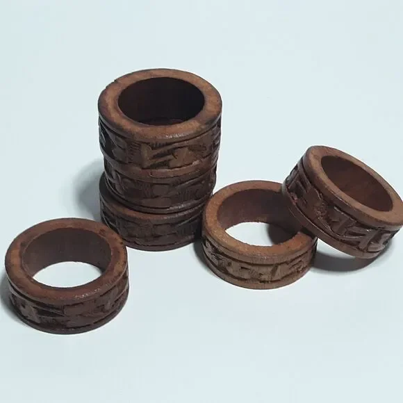 6pc Beautiful Boho Hand Carved Wooden Napkin Rings Holders Flowers Leaves