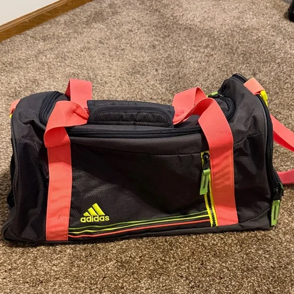 adidas Black Duffel with Coral Straps and Neon Yellow Accents