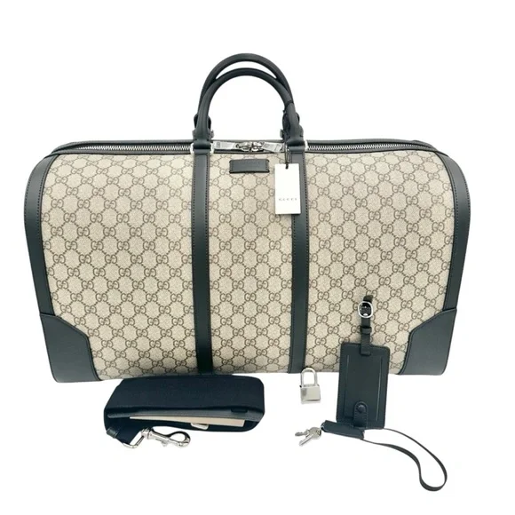 NWT Full Set Gucci GG Supreme Leather Trim X-Large Travel Duffel Bag Beige/Black