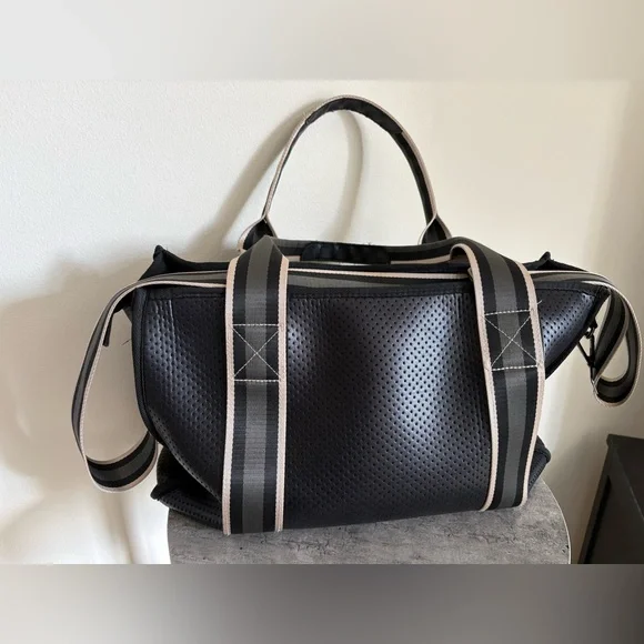 Haute Shore Isla Boss Neoprene Book Tote - Black/Gold Striped Travel Athleisure