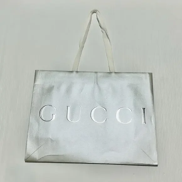 GUCCI 19x14x7 Authentic Paper Shopping Gift Bag Tote Silver Logo Print Embossed