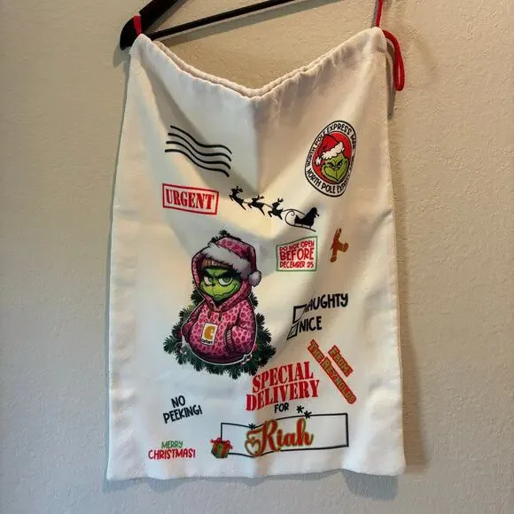 THE GRINCH Christmas Gift Bag Tote White Sz L Comical Fun Cartoonish Holiday
