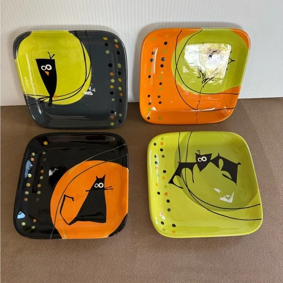Sur La Table Halloween Cat and Bat Plates - Black, Orange, Green