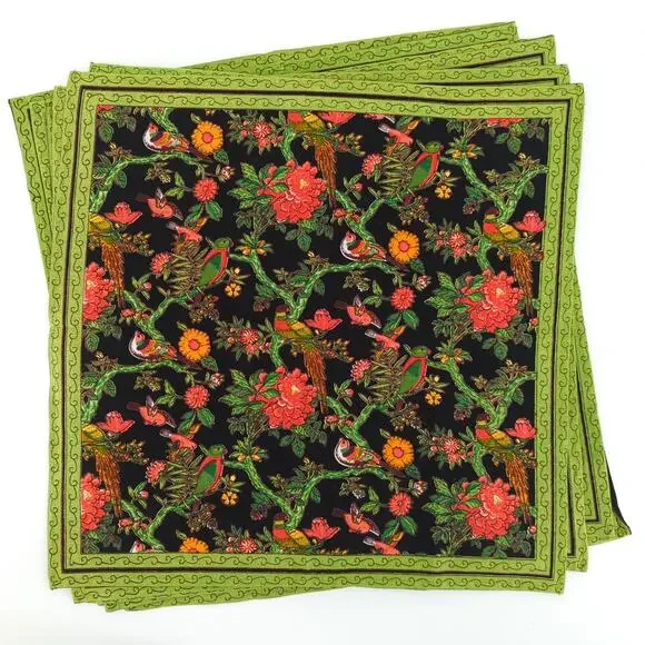 Blue Mongoose Bird Table Napkin Black Green Cotton Floral Set of 8 NEW FLAW