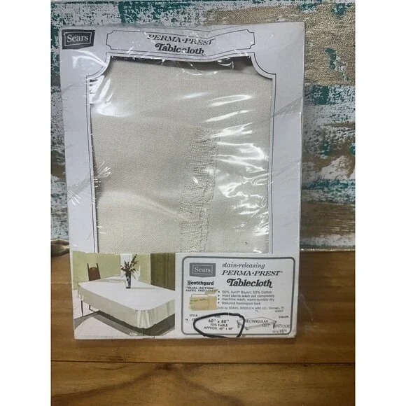 Vintage Sears Perma-Prest Tablecloth 60x80” USA Antique White