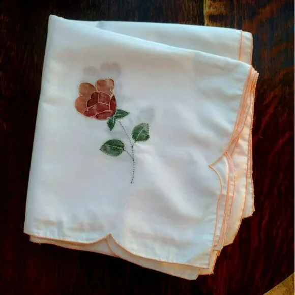Vintage Square Embroidered Napkins, Set of 6, Rose Embroidery, Scalloped Edging