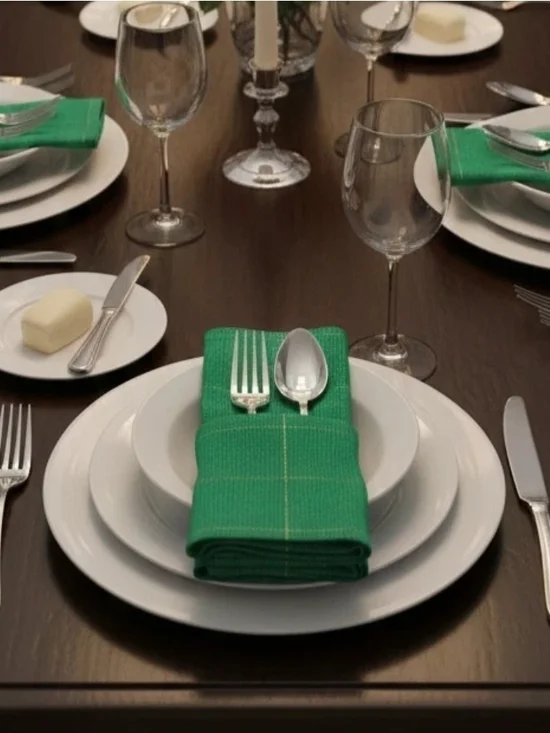 Cloth Dinner Napkins Woven Emerald Green w Gold lines Set of 12, 16