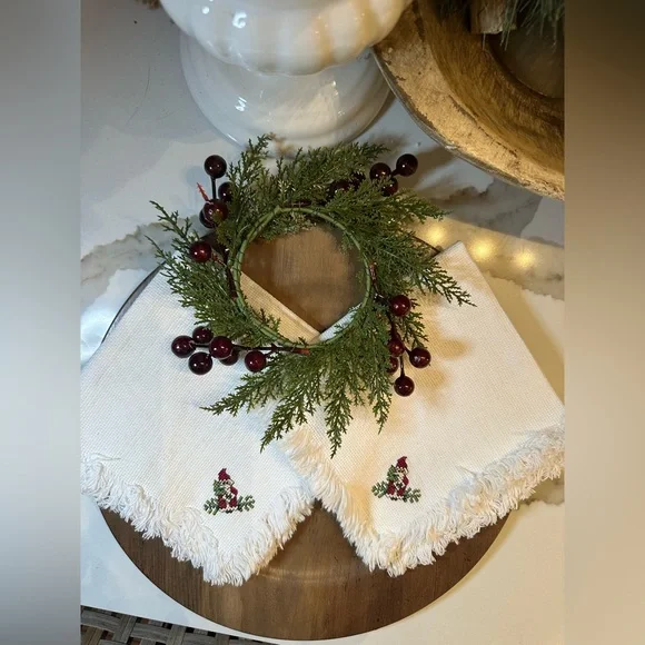 Lot of 2 Embroidered Vintage White Cotton Santa Napkins Cross Stitch Napkins