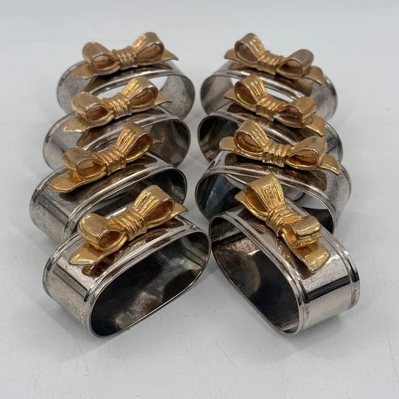 Set of 8 Vintage Silverplate Napkin Rings w/ Gold Bow Ribbon Design