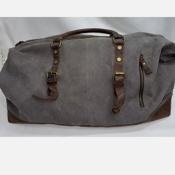 Rugged Canvas Duffel Bag Distressed Grey Brown Faux Leather Weekender Travel NEW