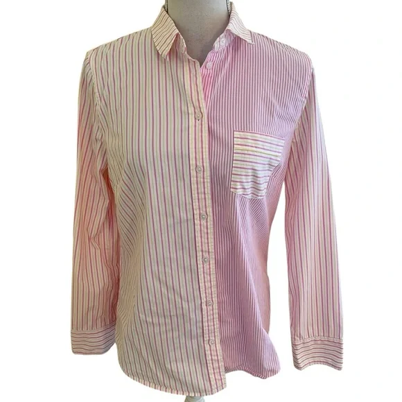 J. Crew Pink/Yellow Striped Button-Up Stretch Cotton Shirt M