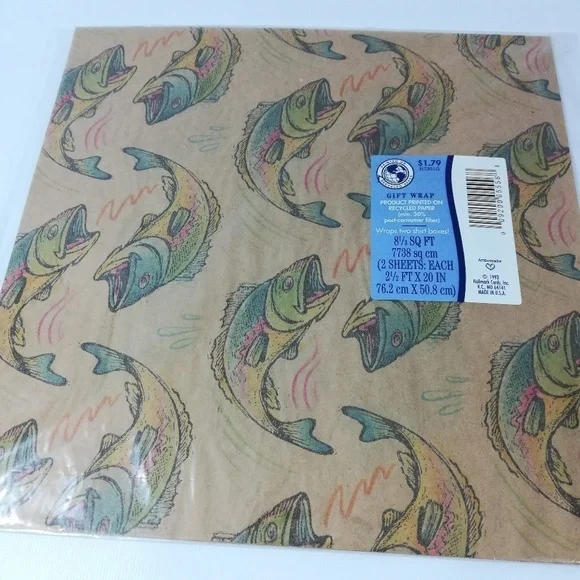 Vintage Hallmark Gift Wrap Fishing Recycled Dad Fathers Day