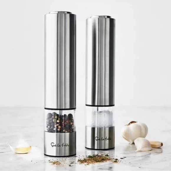 New! Sur La Table ELECTRIC Stainless Steel Salt & Pepper Mill Set of 2