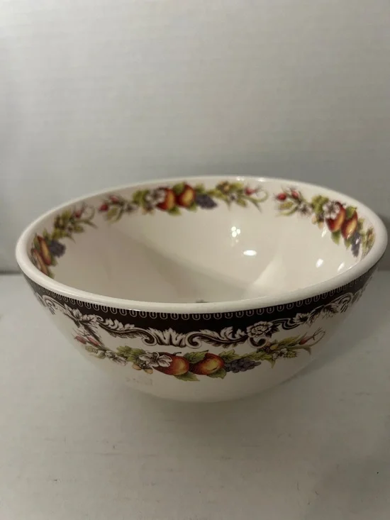 Sur La Table Cream Ceramic Serving Bowl with Fruit & Brown Scroll Border