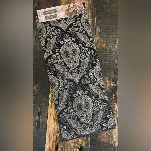 RACHEL ZOE Gothic Skull Bat Embroidered Design Table Runner 14” x 72” NWT