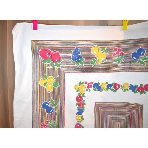 Kitsch Klatsch Tablecloth Fresh Fruit and Stripes on White