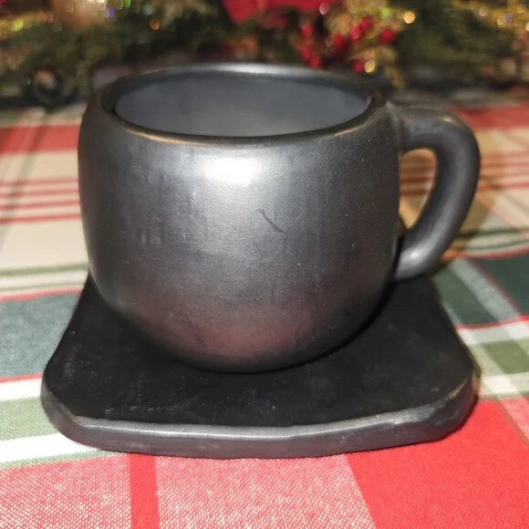 Mexican Black Clay Coffee Cup And Saucer Set Taza Con Plato Barro Negro