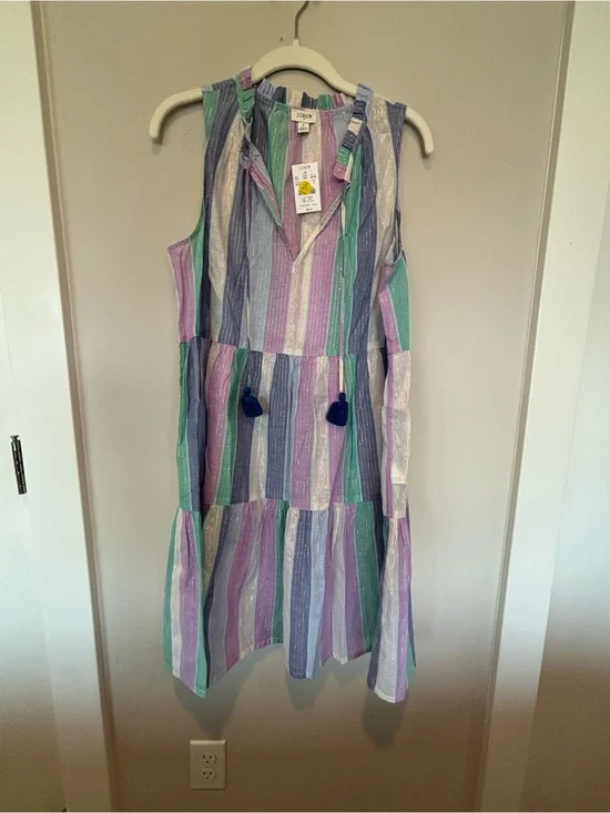 NWT J. Crew Sleeveless Tiered Dress in Lavender, Mint, Blue & White