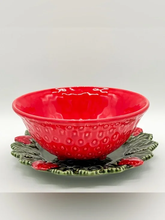 Vintage Sur La Table Portugal Ceramic Strawberry Strainer Bowl & Plate Majolica