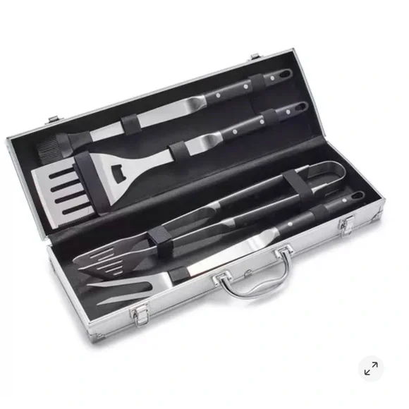 New 4pc SUR LA TABLE BBQ TOOLS SET STAINLESS STEEL WITH ALUMINUM STORAGE CASE