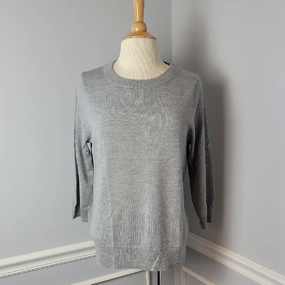 J.CREW 100% Wool Light Gray 3/4‎ Sleeve Preppy Office Capsule Crewneck Sweater L